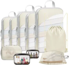 10 Set Compression Packing Cubes, Lightweight Travel Essentials, Stretchable Expandable Storage Bags, Compression Bags for Travel Accessories Luggage Storage Set (10 Pcs, Beige)