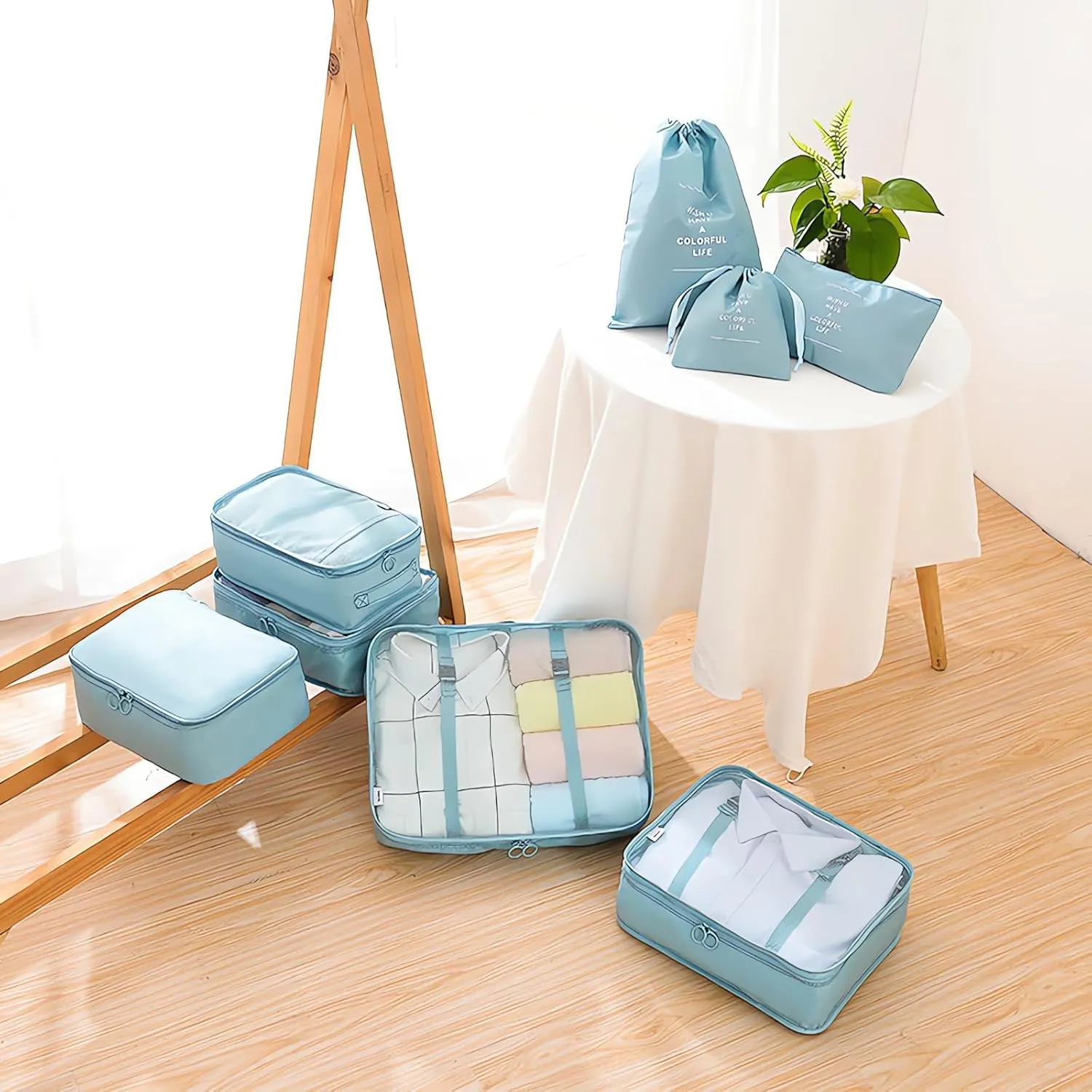 8 Set Packing Cubes for Suitcases Travel Luggage Packing Organizers,Travel Essentials Accessories Luggage Organizer with Shoe Bag Tioletry/Laundry Bag (light blue)