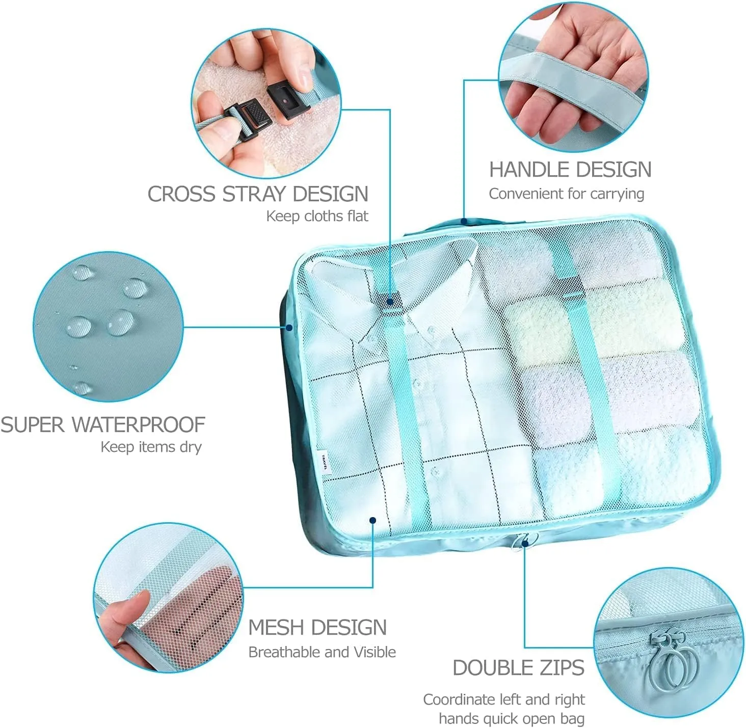 8 Set Packing Cubes for Suitcases Travel Luggage Packing Organizers,Travel Essentials Accessories Luggage Organizer with Shoe Bag Tioletry/Laundry Bag (light blue)