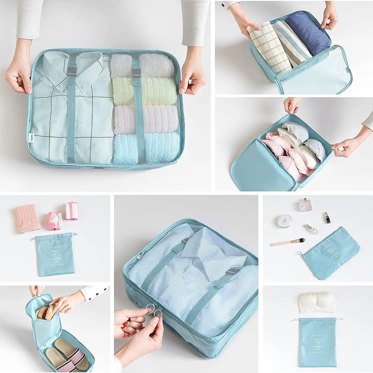 8 Set Packing Cubes for Suitcases Travel Luggage Packing Organizers,Travel Essentials Accessories Luggage Organizer with Shoe Bag Tioletry/Laundry Bag (light blue)