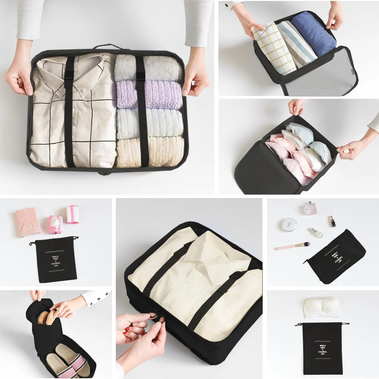 8 Set Packing Cubes for Suitcases Travel Luggage Packing Organizers,Travel Essentials Accessories Luggage Organizer with Shoe Bag Tioletry/Laundry Bag(Black)