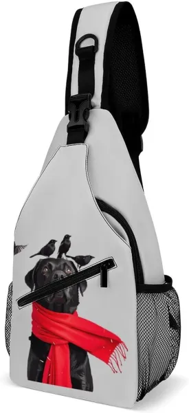 A Black Labrador Dog And Black Raven Crossbody Sling Bags Shoulder Backpack Chest DayPack Handbag