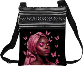 African American Messenger Bag Small Ethnic Pattern Printed Adjustable Strap Crossbody Zipper Pouch Pink Butterfly Phone Organizer Wallet Cute Shoulder Handbag for Black Women