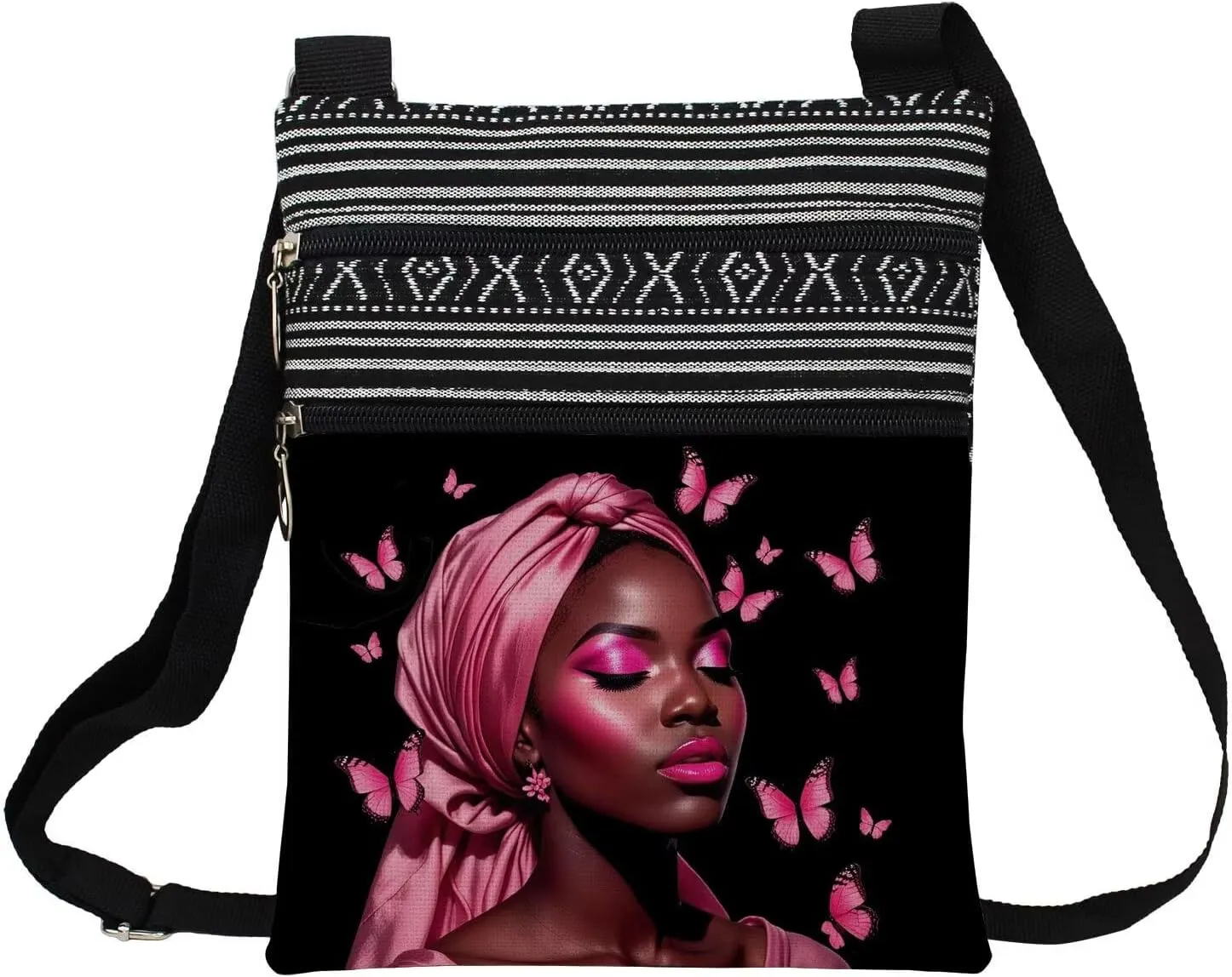 African American Messenger Bag Small Ethnic Pattern Printed Adjustable Strap Crossbody Zipper Pouch Pink Butterfly Phone Organizer Wallet Cute Shoulder Handbag for Black Women