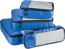 Amazon Basics Packing Cubes for Travel, Packing Organizers Set, 4-Piece-Set (Slim, Small, Medium, Large) With Double Zipper Pulls and Mesh Top Panel, 100% Durable Polyester, Blue