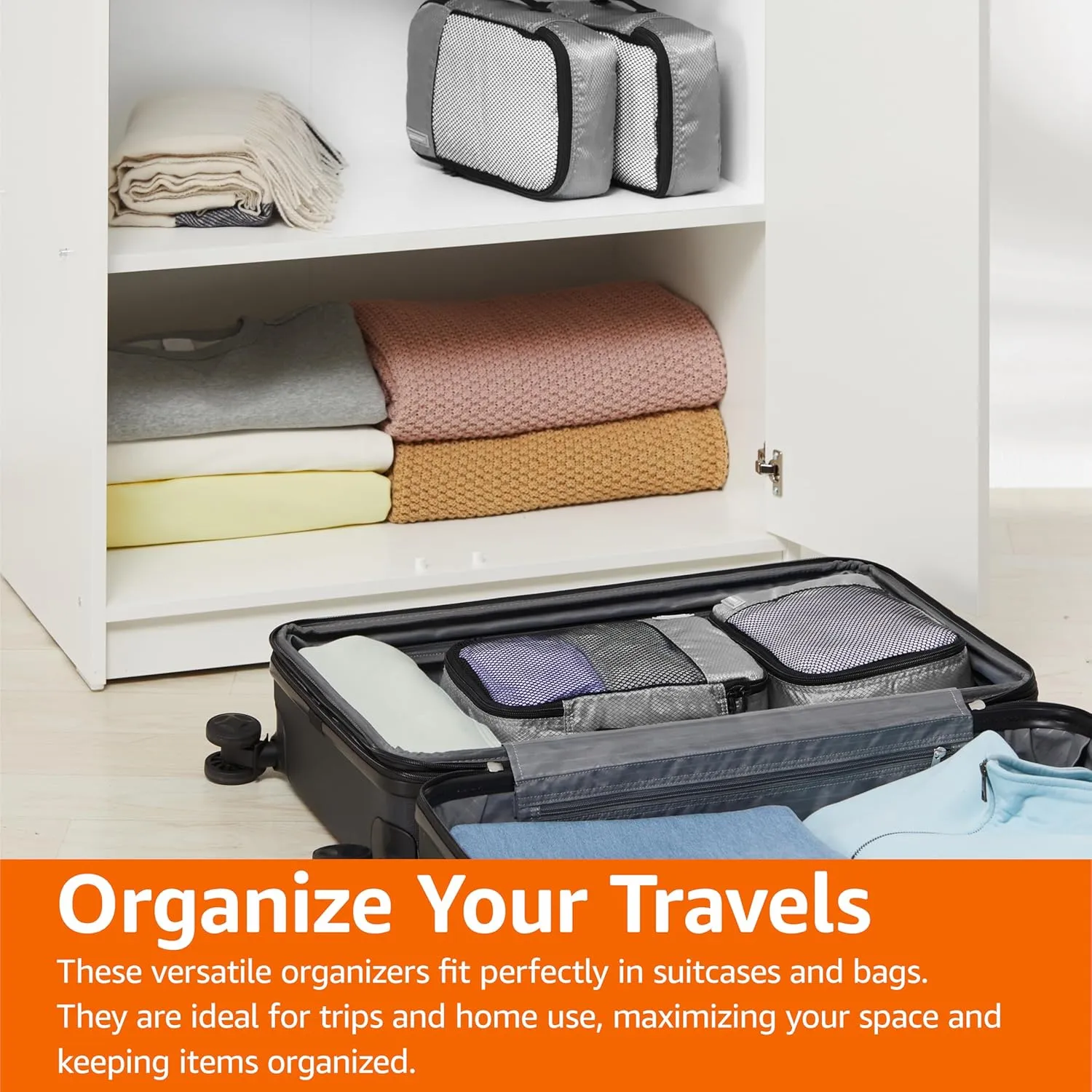 Amazon Basics Small Packing Cubes for Travel, Packing Organizers, 4-Piece-Set With Double Zipper Pulls and Mesh Top Panel, 100% Durable Polyester, Gray, 11"L x 6.8"W x 3"H