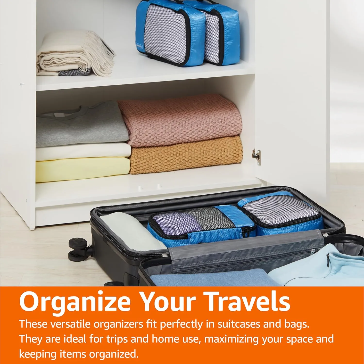 Amazon Basics Small Packing Cubes for Travel, Packing Organizers, 4-Piece-Set With Double Zipper Pulls and Mesh Top Panel, 100% Durable Polyester, Sky Blue, 11"L x 6.8"W x 3"H