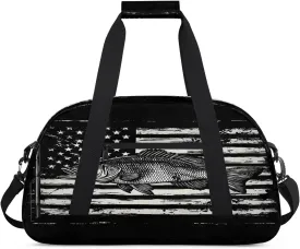 American Flag Sports Duffle Gym Bags for Men or Women, Bass Fish Lightweight Carry On Overnight Weekender Bag for Travel Workout