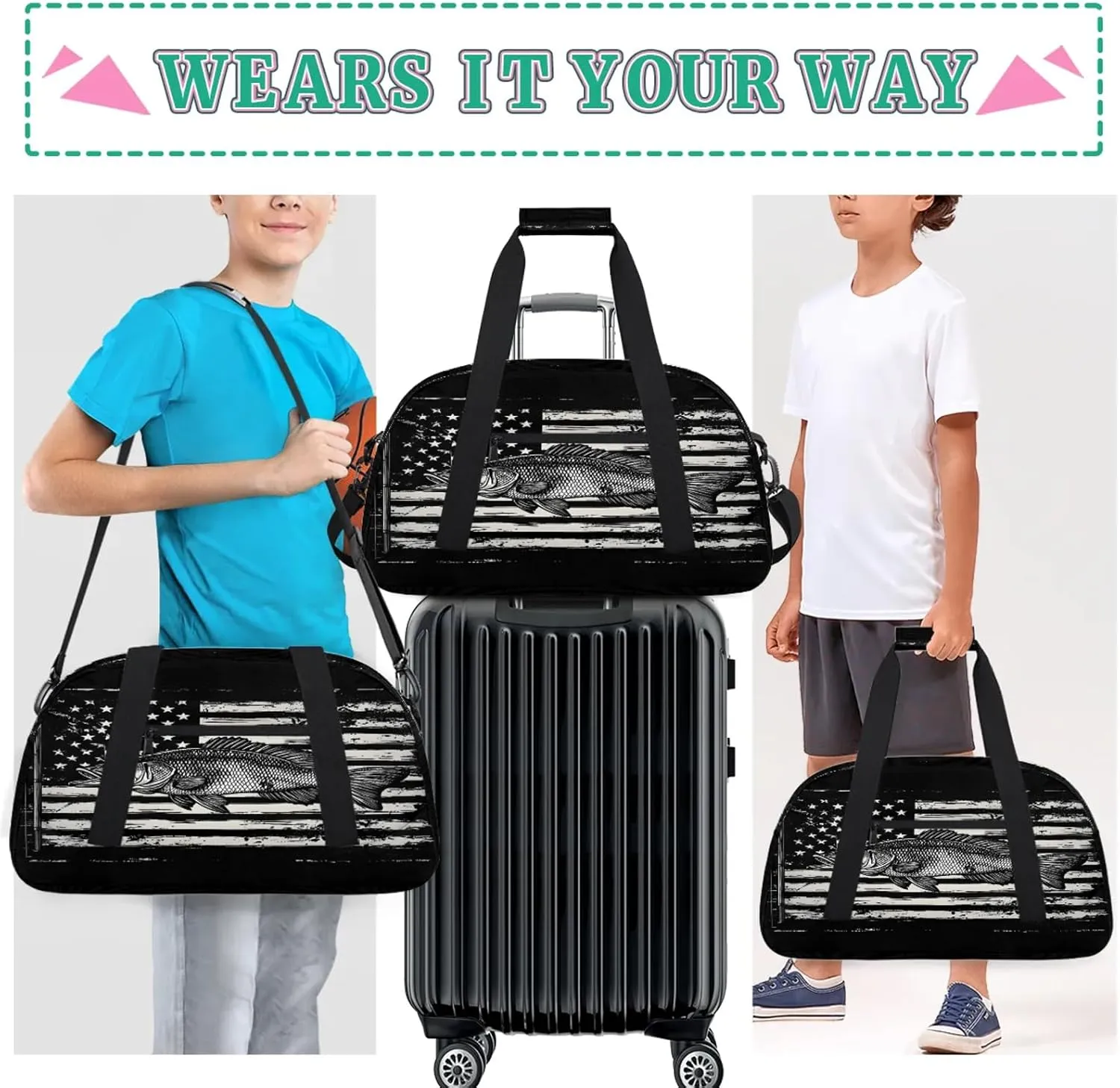 American Flag Sports Duffle Gym Bags for Men or Women, Bass Fish Lightweight Carry On Overnight Weekender Bag for Travel Workout