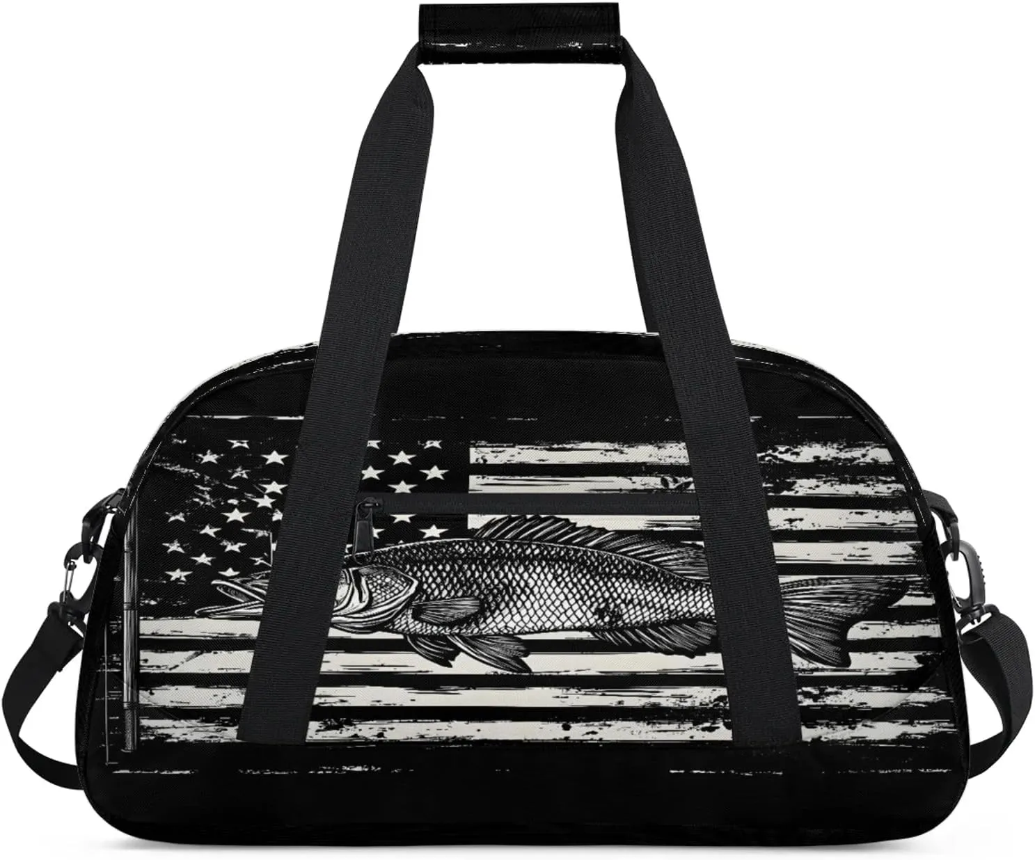 American Flag Sports Duffle Gym Bags for Men or Women, Bass Fish Lightweight Carry On Overnight Weekender Bag for Travel Workout