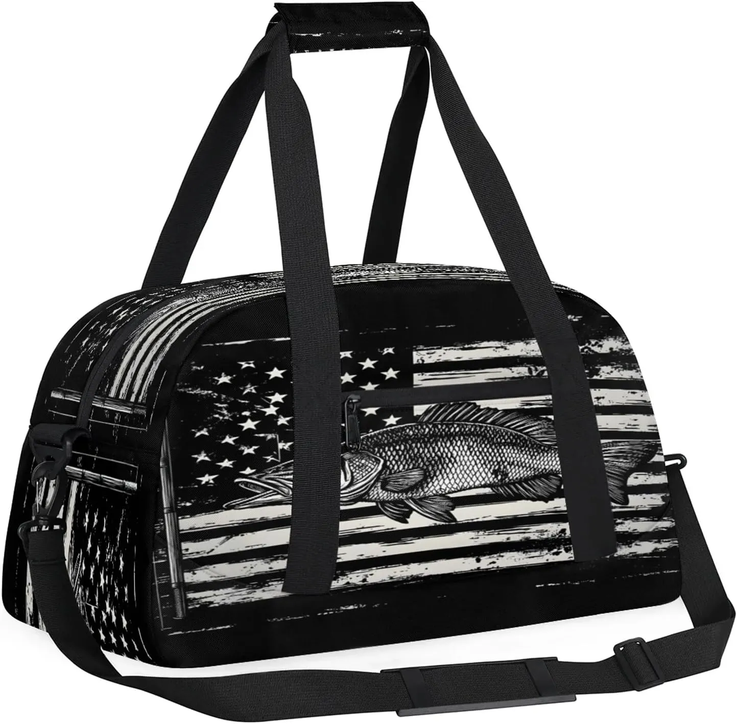 American Flag Sports Duffle Gym Bags for Men or Women, Bass Fish Lightweight Carry On Overnight Weekender Bag for Travel Workout