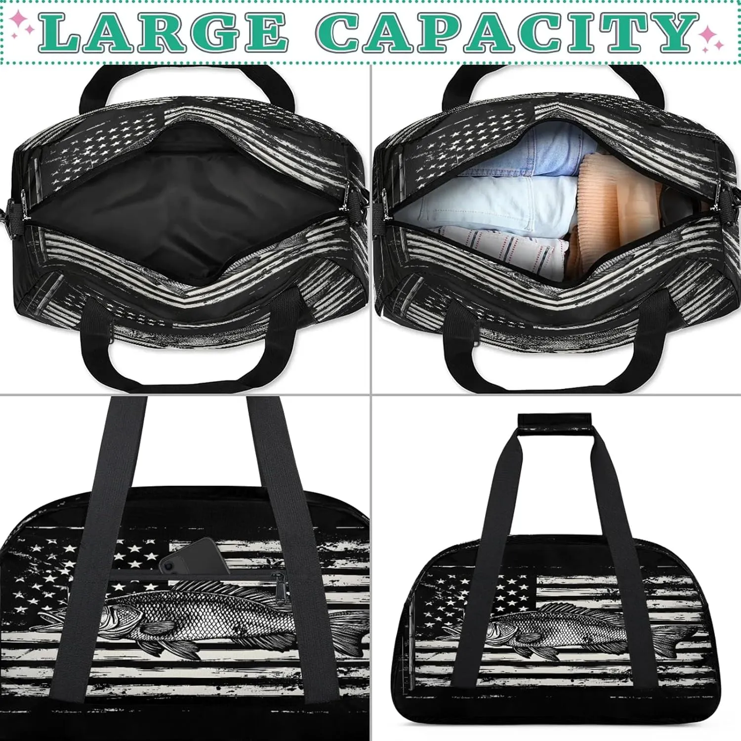 American Flag Sports Duffle Gym Bags for Men or Women, Bass Fish Lightweight Carry On Overnight Weekender Bag for Travel Workout