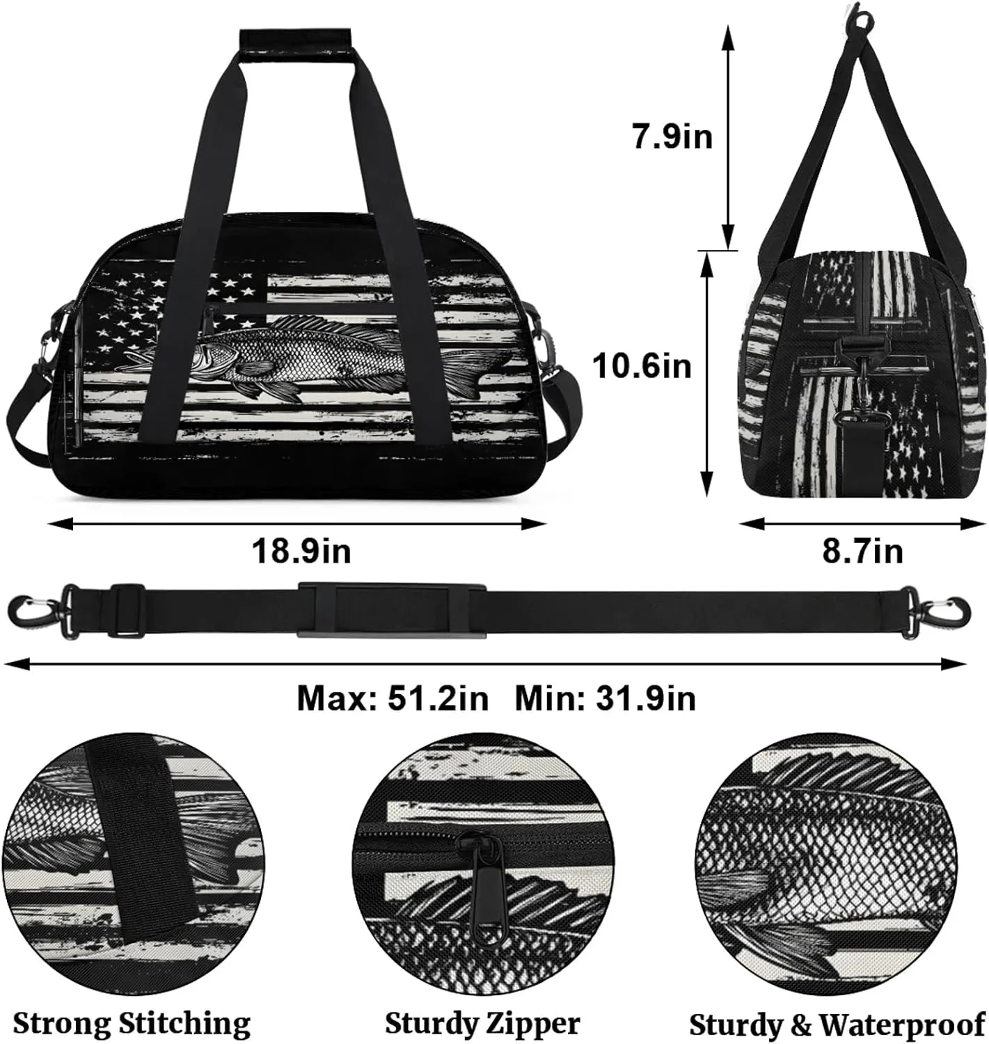 American Flag Sports Duffle Gym Bags for Men or Women, Bass Fish Lightweight Carry On Overnight Weekender Bag for Travel Workout