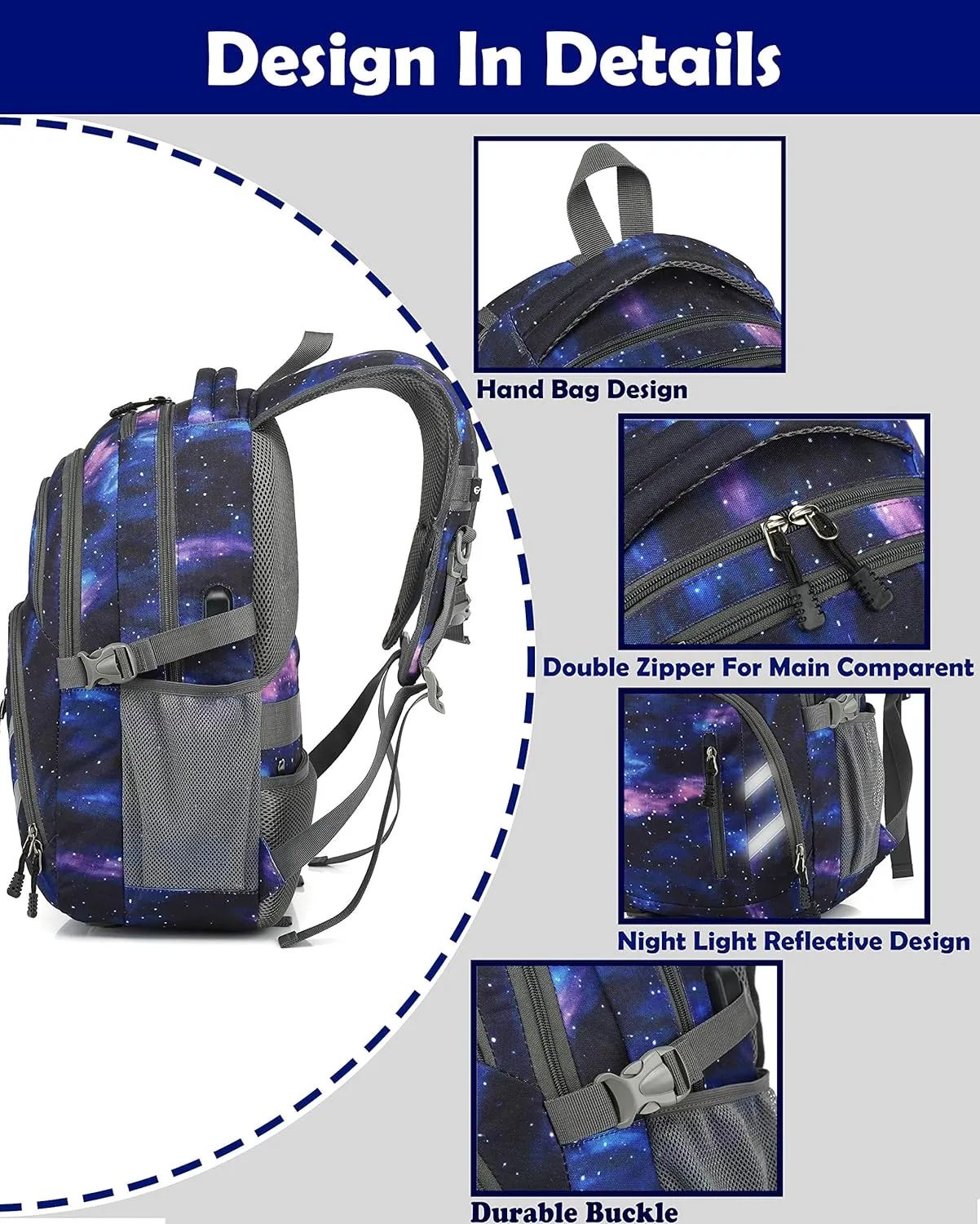 Backpack Bookbag for College Laptop Travel with USB Charging Port (Galaxy C)