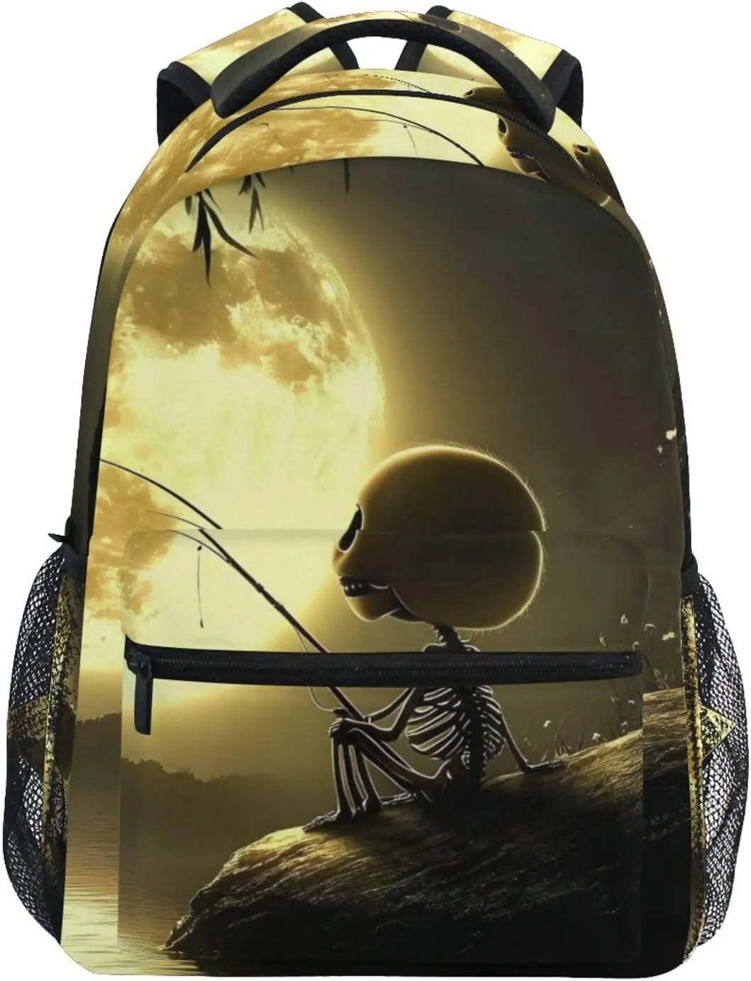 Backpack Skeleton Fishing Moon Funny for School Boys Girls Laptop Travel Backpack Book Bag Daypack 11.4 16 In S