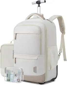 BAGSMART Rolling Backpack, Water-Resistant Travel Laptop Backpacks with Wheels for Adults, 17 Inch Large Roller College Backpack Luggage Carry on with 2 Packing Cubes, Beige
