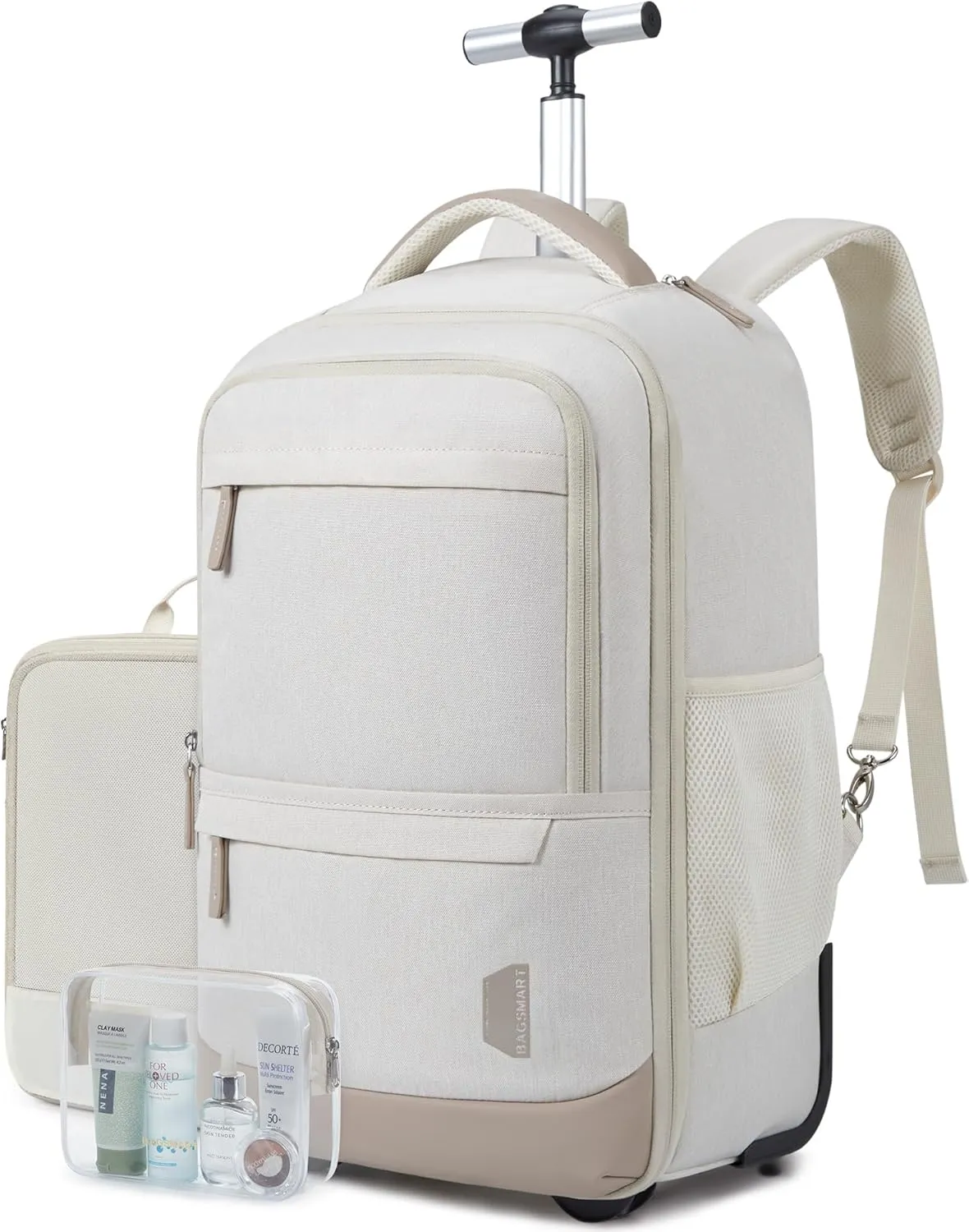 BAGSMART Rolling Backpack, Water-Resistant Travel Laptop Backpacks with Wheels for Adults, 17 Inch Large Roller College Backpack Luggage Carry on with 2 Packing Cubes, Beige