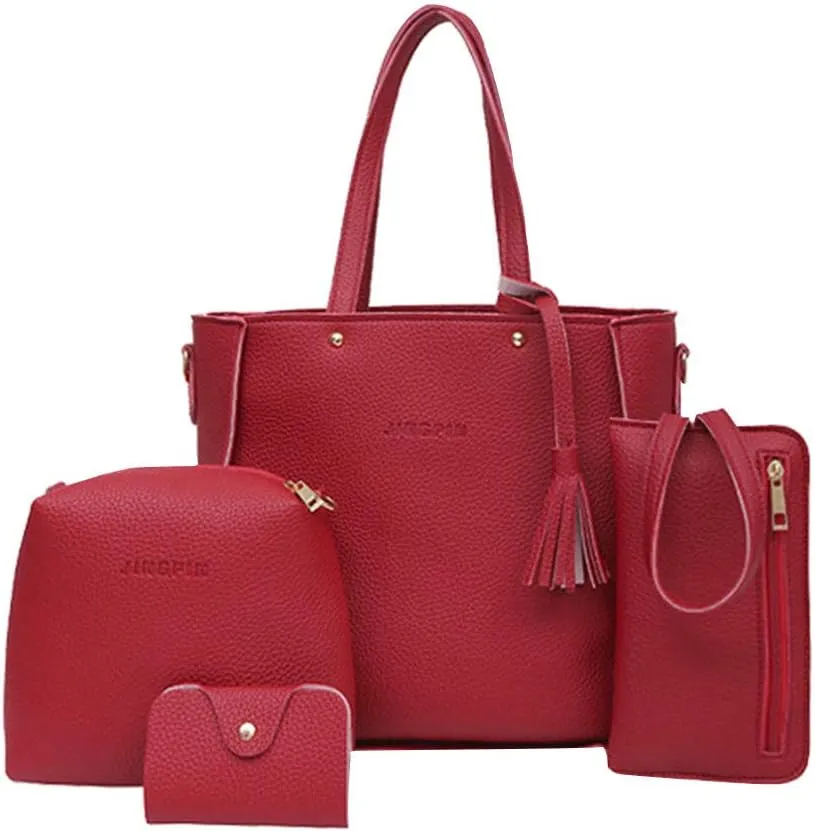 Beach Tote Bag 4 Packet Solid Color Leather Handbags Shoulder Bags Crossbody Hobo Bags Card Purse Work Travel Essential E