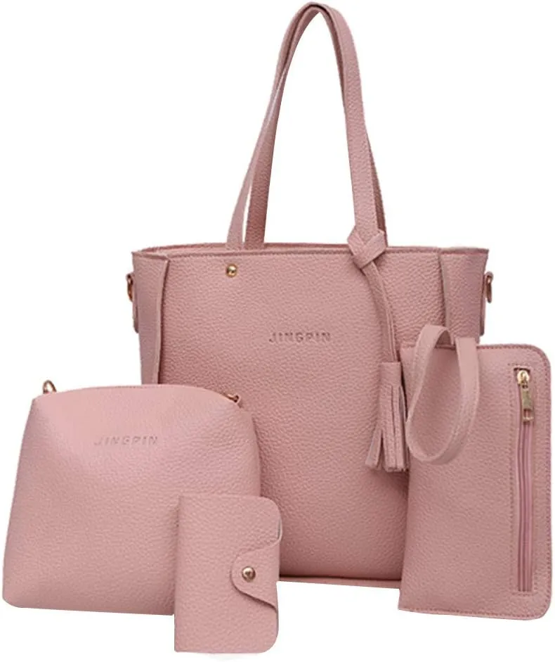 Beach Tote Bag 4 Packet Solid Color Leather Handbags Shoulder Bags Crossbody Hobo Bags Card Purse Work Travel Essential E