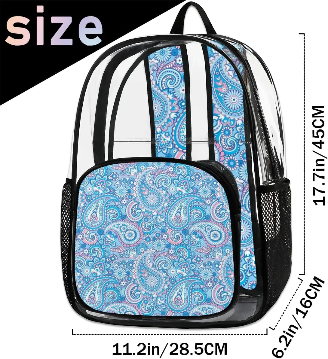 Blue Paisley Pattern Clear Backpack Stadium Approved Heavy Duty Transparent Backpack for Women Men Large PVC See Through Bag for Sports Event Concert Festival Work Travel