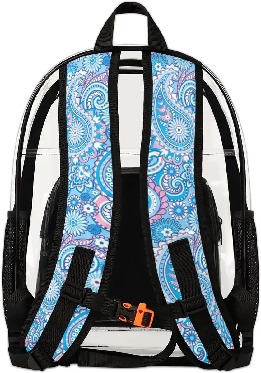 Blue Paisley Pattern Clear Backpack Stadium Approved Heavy Duty Transparent Backpack for Women Men Large PVC See Through Bag for Sports Event Concert Festival Work Travel