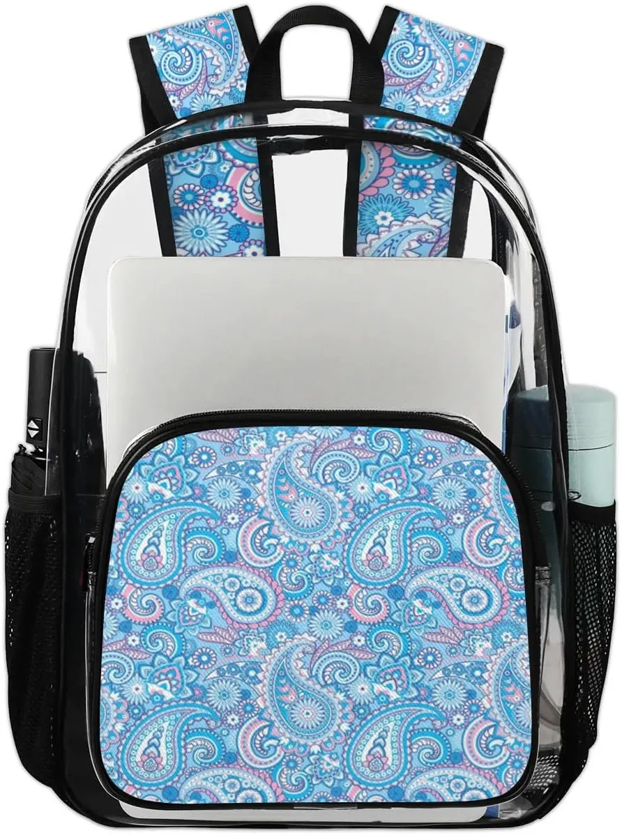 Blue Paisley Pattern Clear Backpack Stadium Approved Heavy Duty Transparent Backpack for Women Men Large PVC See Through Bag for Sports Event Concert Festival Work Travel