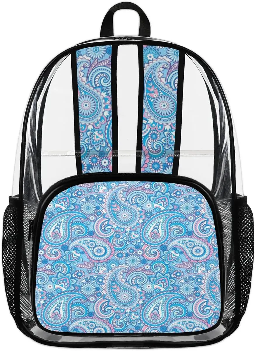 Blue Paisley Pattern Clear Backpack Stadium Approved Heavy Duty Transparent Backpack for Women Men Large PVC See Through Bag for Sports Event Concert Festival Work Travel