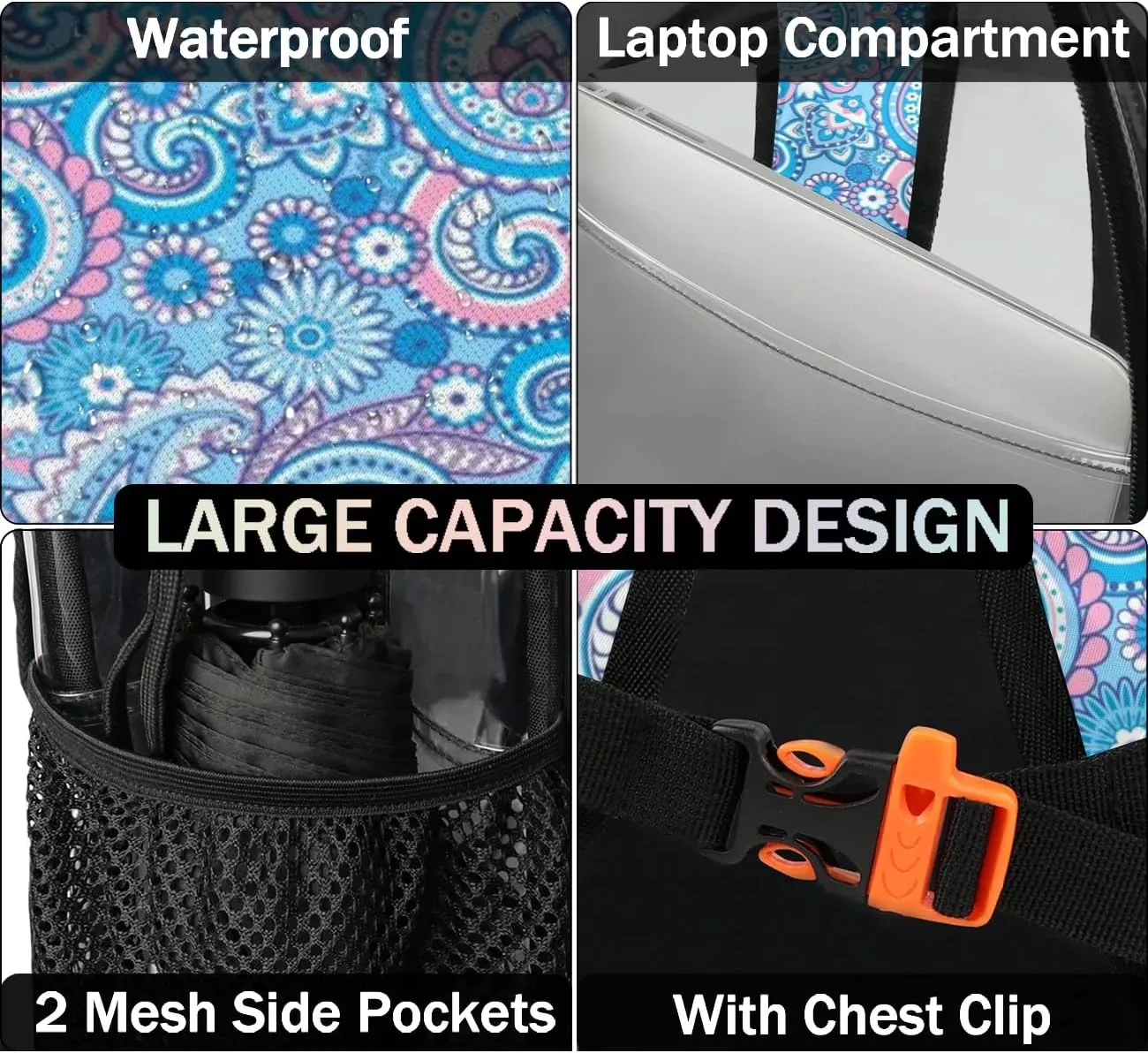 Blue Paisley Pattern Clear Backpack Stadium Approved Heavy Duty Transparent Backpack for Women Men Large PVC See Through Bag for Sports Event Concert Festival Work Travel