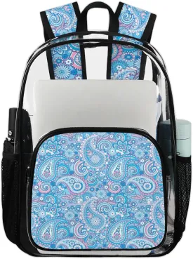 Blue Paisley Pattern Clear Backpack Stadium Approved Heavy Duty Transparent Backpack for Women Men Large PVC See Through Bag for Sports Event Concert Festival Work Travel