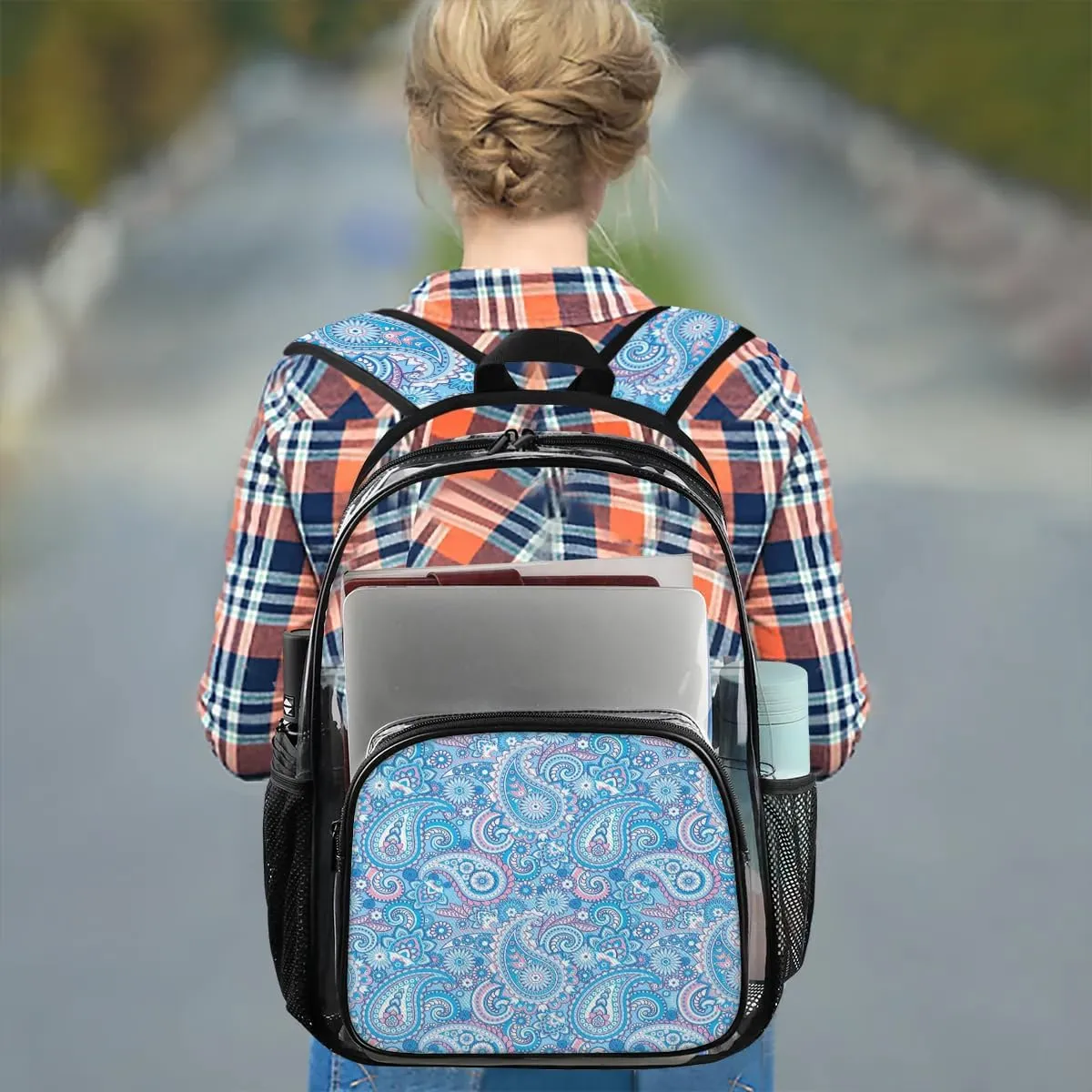 Blue Paisley Pattern Clear Backpack Stadium Approved Heavy Duty Transparent Backpack for Women Men Large PVC See Through Bag for Sports Event Concert Festival Work Travel