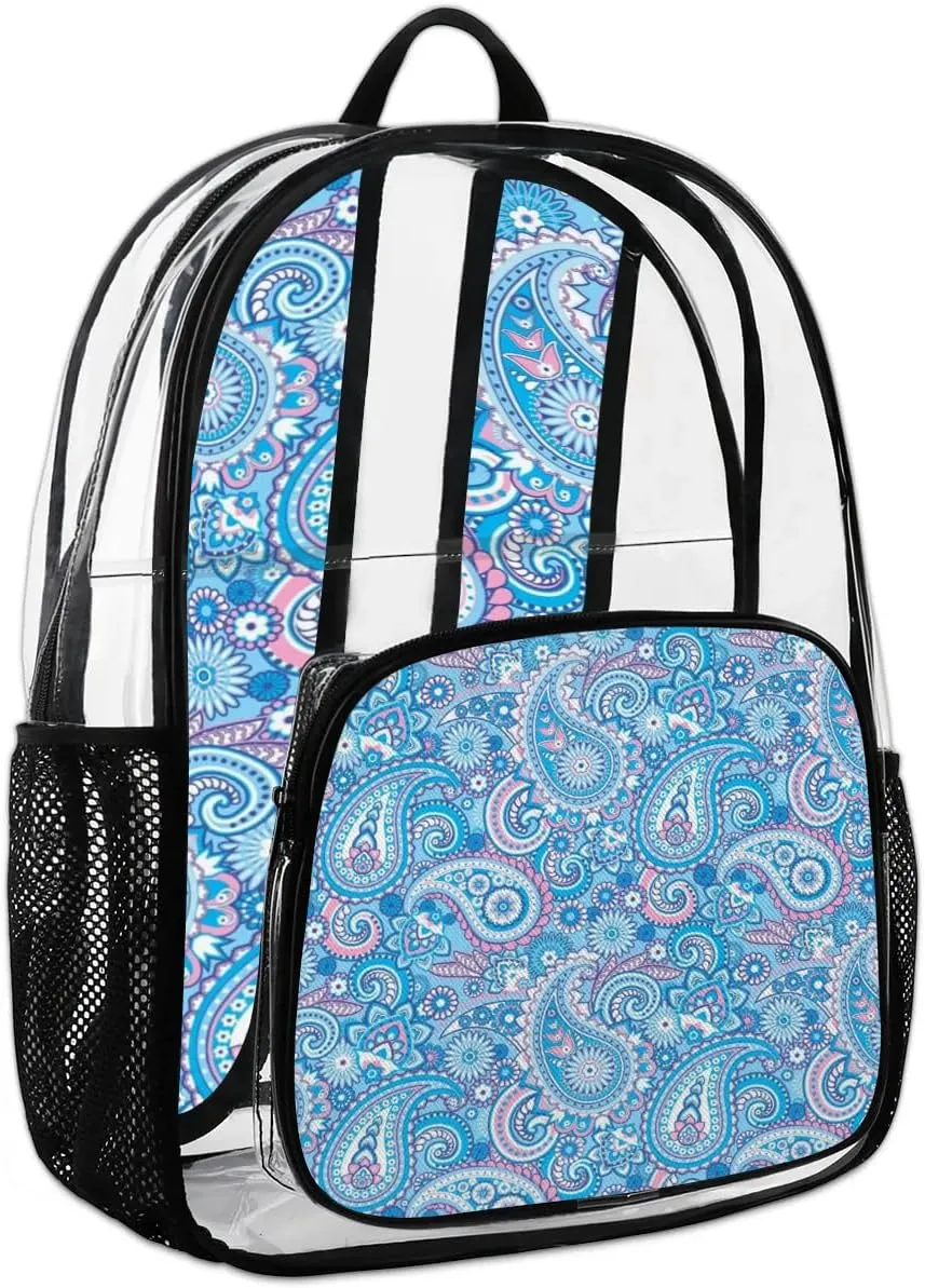 Blue Paisley Pattern Clear Backpack Stadium Approved Heavy Duty Transparent Backpack for Women Men Large PVC See Through Bag for Sports Event Concert Festival Work Travel