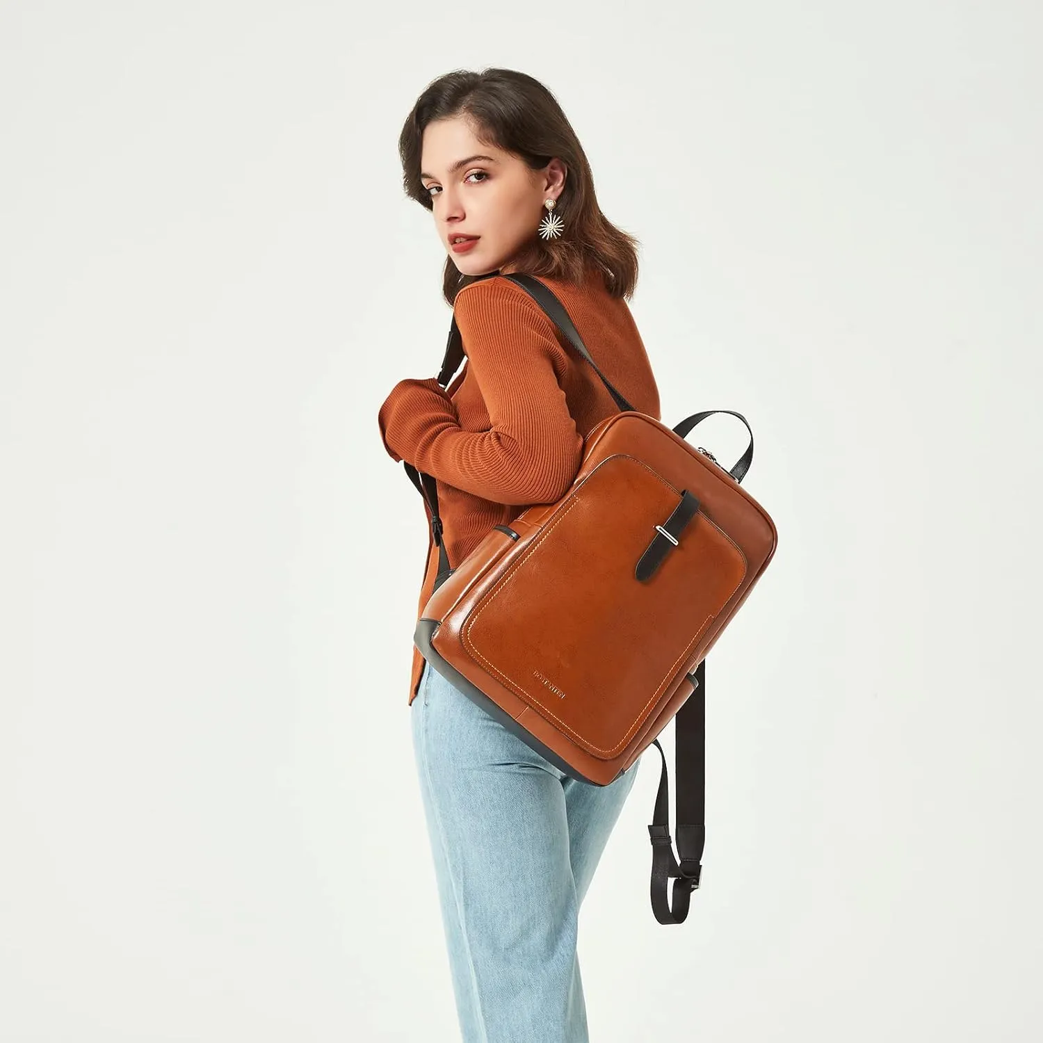 BOSTANTEN Leather Laptop Backpack for Women,15.6 inch Computer Backpack Purse College Daypack Work Travel Bag Brown