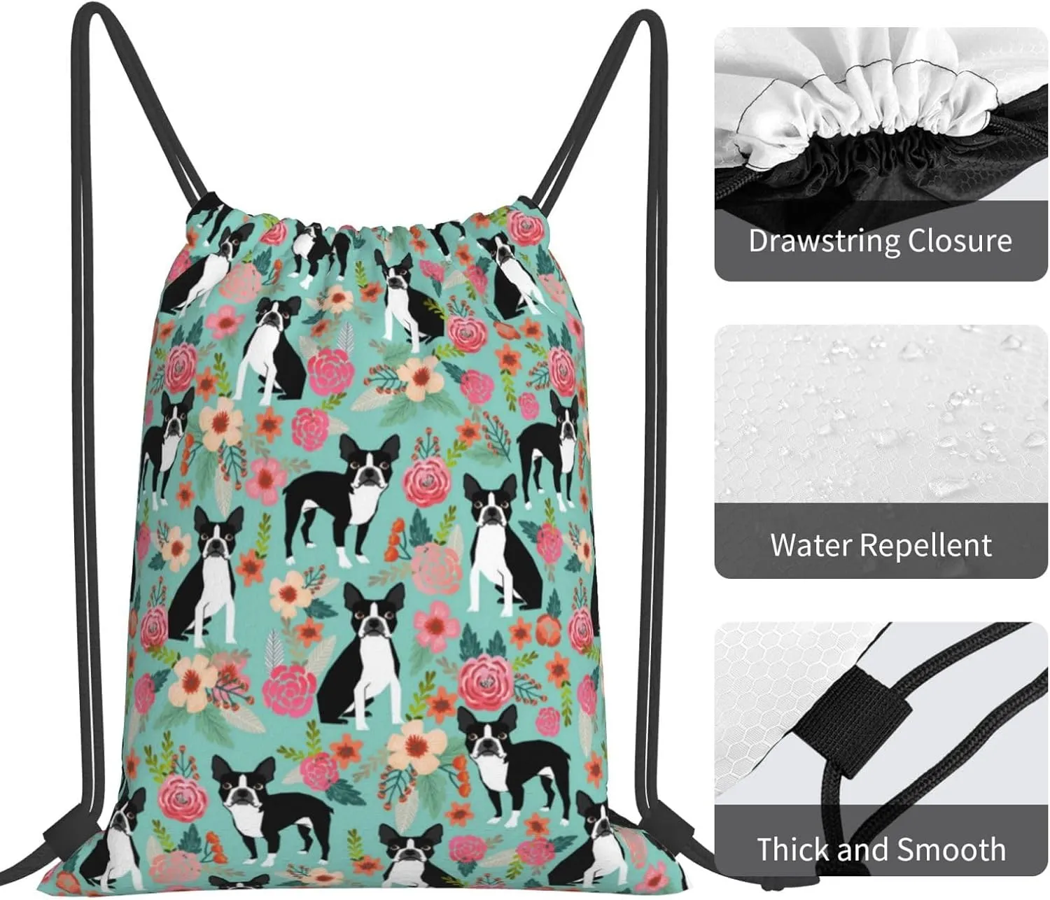 Boston Terrier Dogs Lovers Flower Floral Waterproof Drawstring Bag Lightweight Draw String Back Bag Gym Bag For Men Women