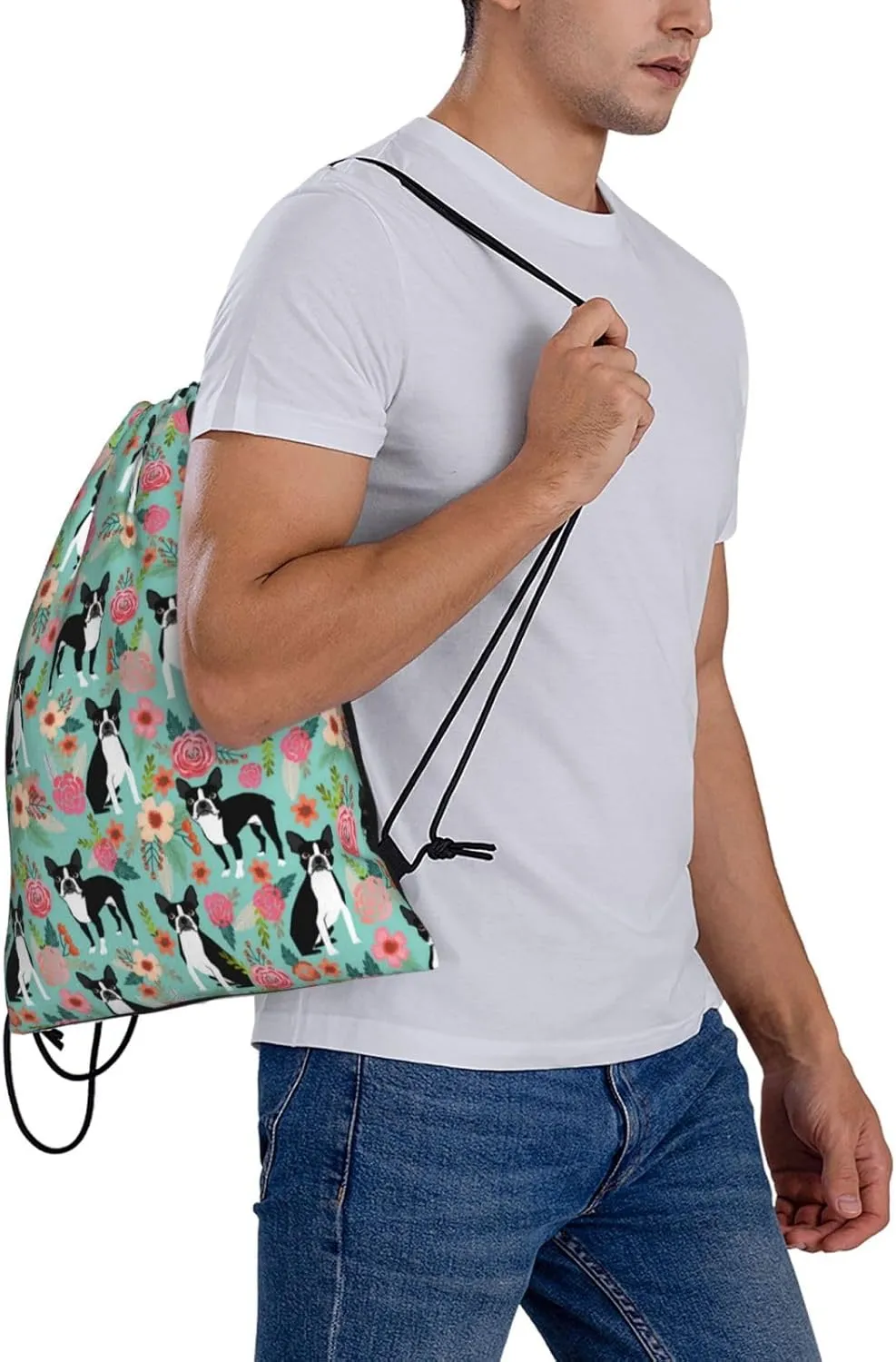Boston Terrier Dogs Lovers Flower Floral Waterproof Drawstring Bag Lightweight Draw String Back Bag Gym Bag For Men Women