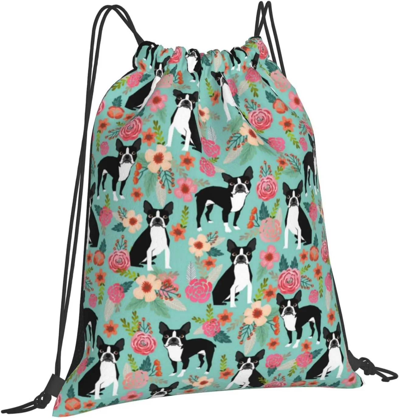 Boston Terrier Dogs Lovers Flower Floral Waterproof Drawstring Bag Lightweight Draw String Back Bag Gym Bag For Men Women