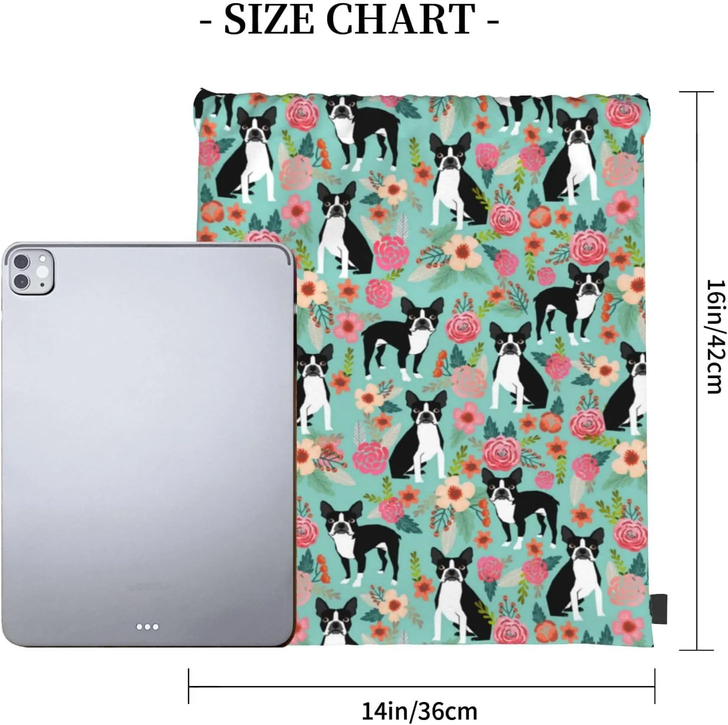 Boston Terrier Dogs Lovers Flower Floral Waterproof Drawstring Bag Lightweight Draw String Back Bag Gym Bag For Men Women