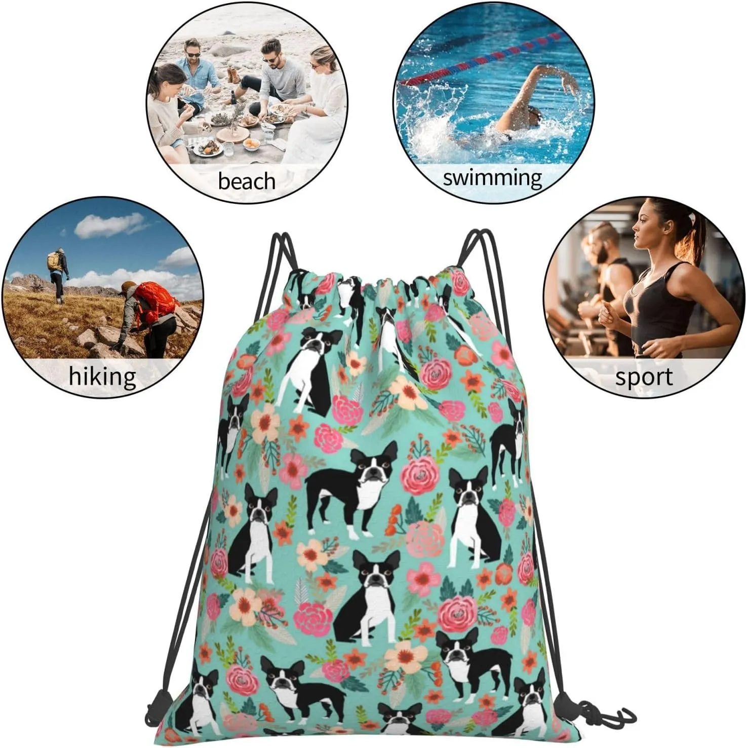 Boston Terrier Dogs Lovers Flower Floral Waterproof Drawstring Bag Lightweight Draw String Back Bag Gym Bag For Men Women