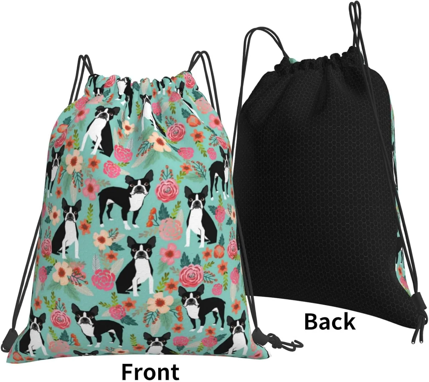 Boston Terrier Dogs Lovers Flower Floral Waterproof Drawstring Bag Lightweight Draw String Back Bag Gym Bag For Men Women