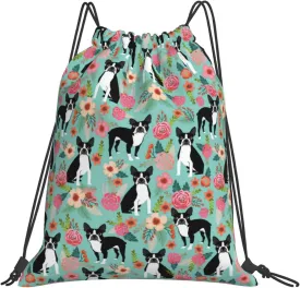 Boston Terrier Dogs Lovers Flower Floral Waterproof Drawstring Bag Lightweight Draw String Back Bag Gym Bag For Men Women