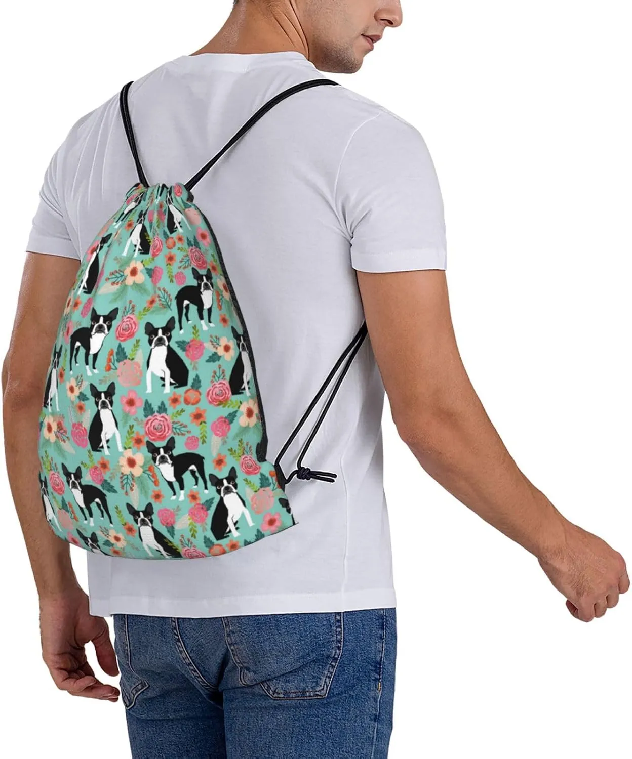 Boston Terrier Dogs Lovers Flower Floral Waterproof Drawstring Bag Lightweight Draw String Back Bag Gym Bag For Men Women