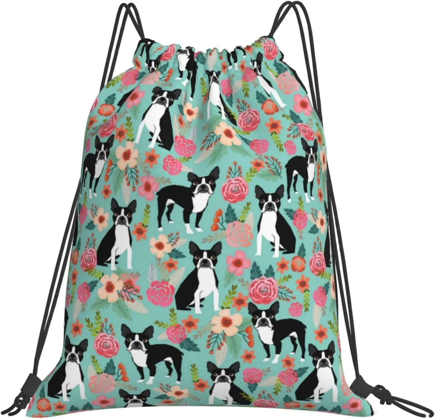 Boston Terrier Dogs Lovers Flower Floral Waterproof Drawstring Bag Lightweight Draw String Back Bag Gym Bag For Men Women