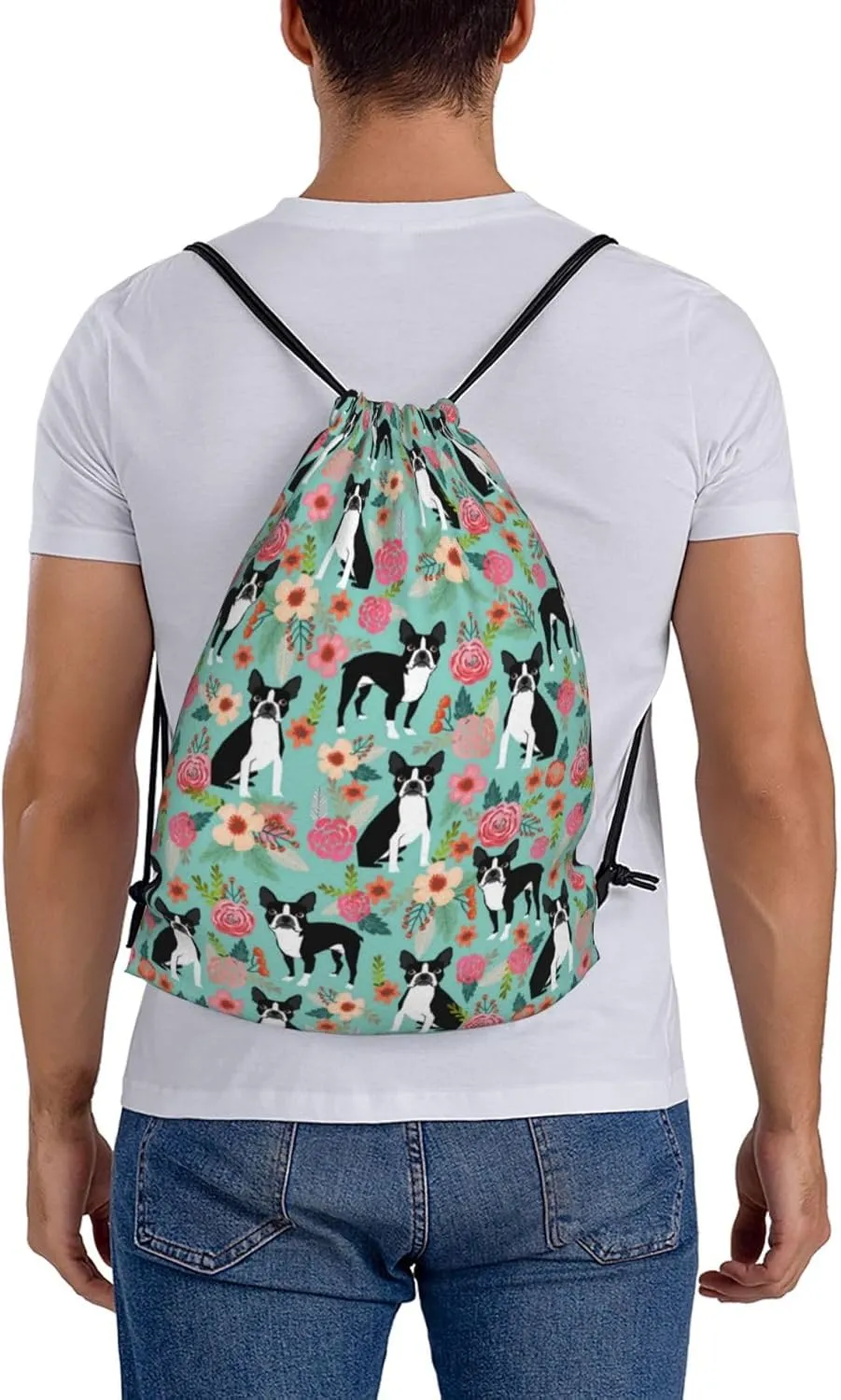 Boston Terrier Dogs Lovers Flower Floral Waterproof Drawstring Bag Lightweight Draw String Back Bag Gym Bag For Men Women