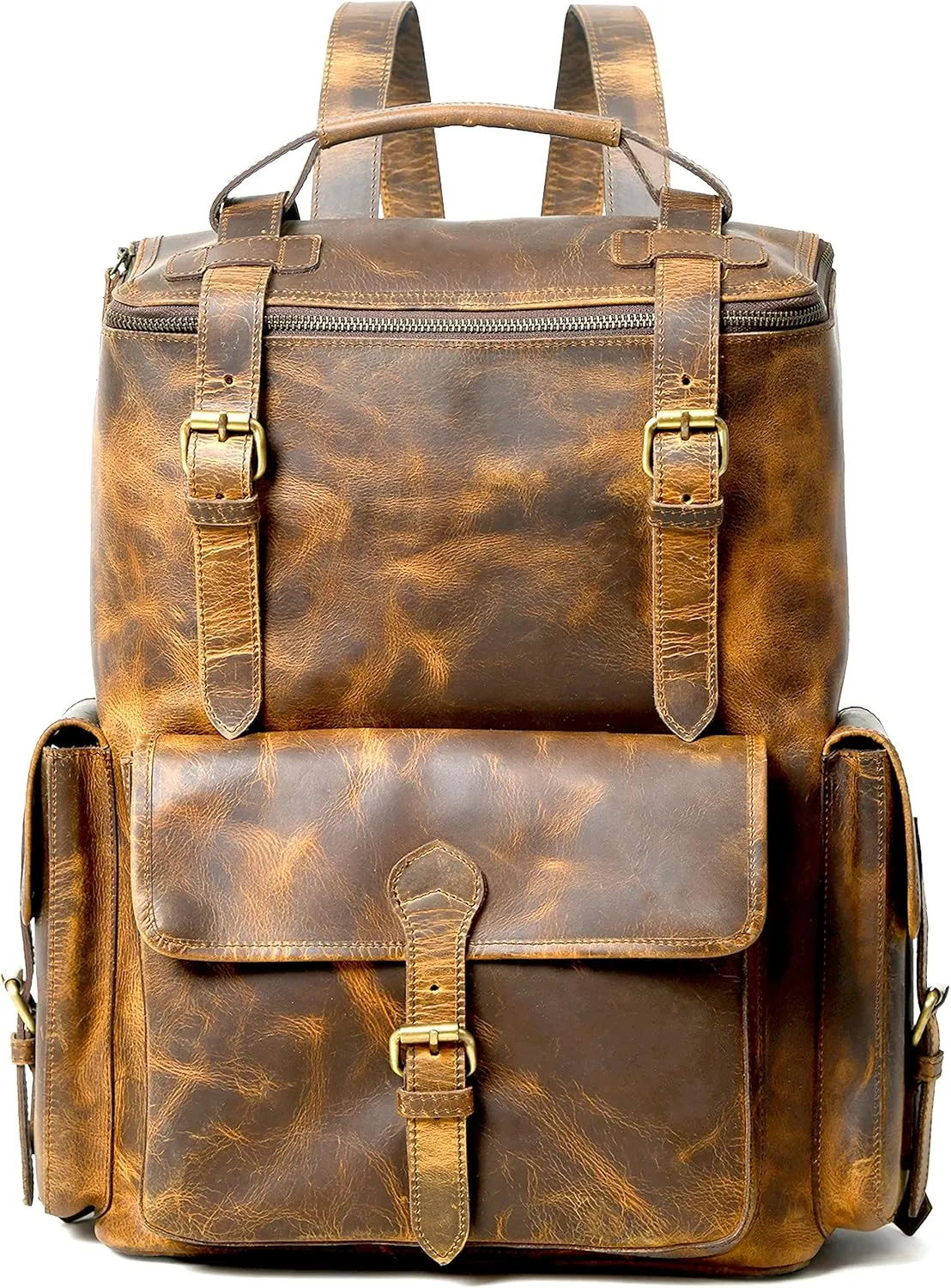 Buffalo Leather Backpack for Men & Women | Multi Pocket Laptop Backpack | Vintage Brown Leather Rucksack for Travel & Trekking