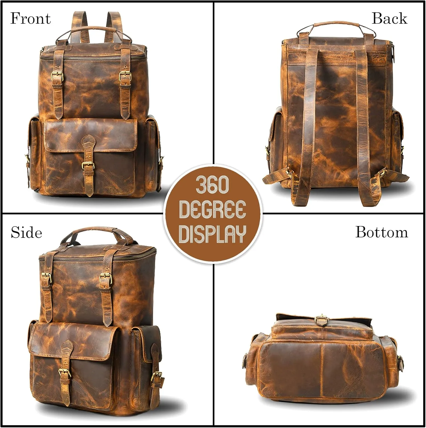 Buffalo Leather Backpack for Men & Women | Multi Pocket Laptop Backpack | Vintage Brown Leather Rucksack for Travel & Trekking