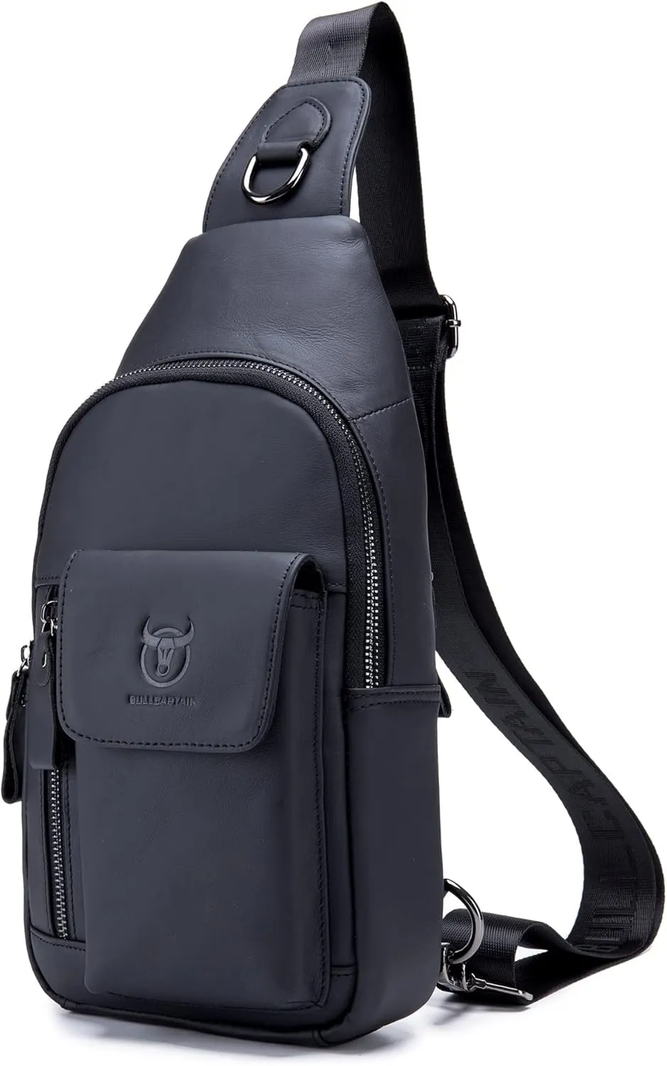 BULLCAPTAIN Genuine Leather Sling Bag for Men Multi-pocket Casual Travel Crossbody Chest Bag Hiking Backpacks (Black)