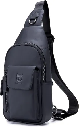 BULLCAPTAIN Genuine Leather Sling Bag for Men Multi-pocket Casual Travel Crossbody Chest Bag Hiking Backpacks (Black)
