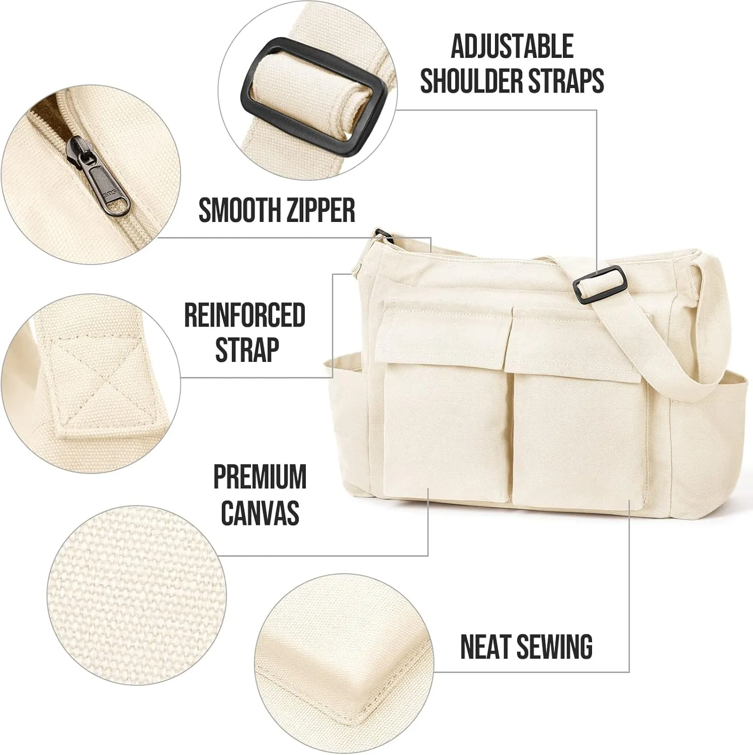 Canvas Messenger Bag Hobo Shoulder Bag Crossbody Bag with Multiple Pockets Large Tote Bag Handbag for Women Men
