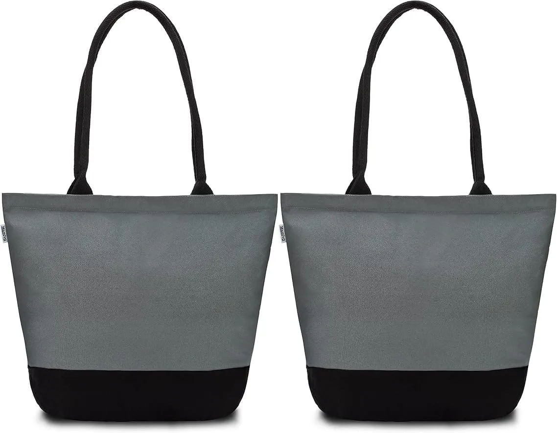 Canvas Tote Bag with Zipper, Pack of 2  Reusable Canvas Bags with Handles, Heavy-Duty Cotton Tote Bags, Canvas Grocery Bags, Cloth Shopping Bags