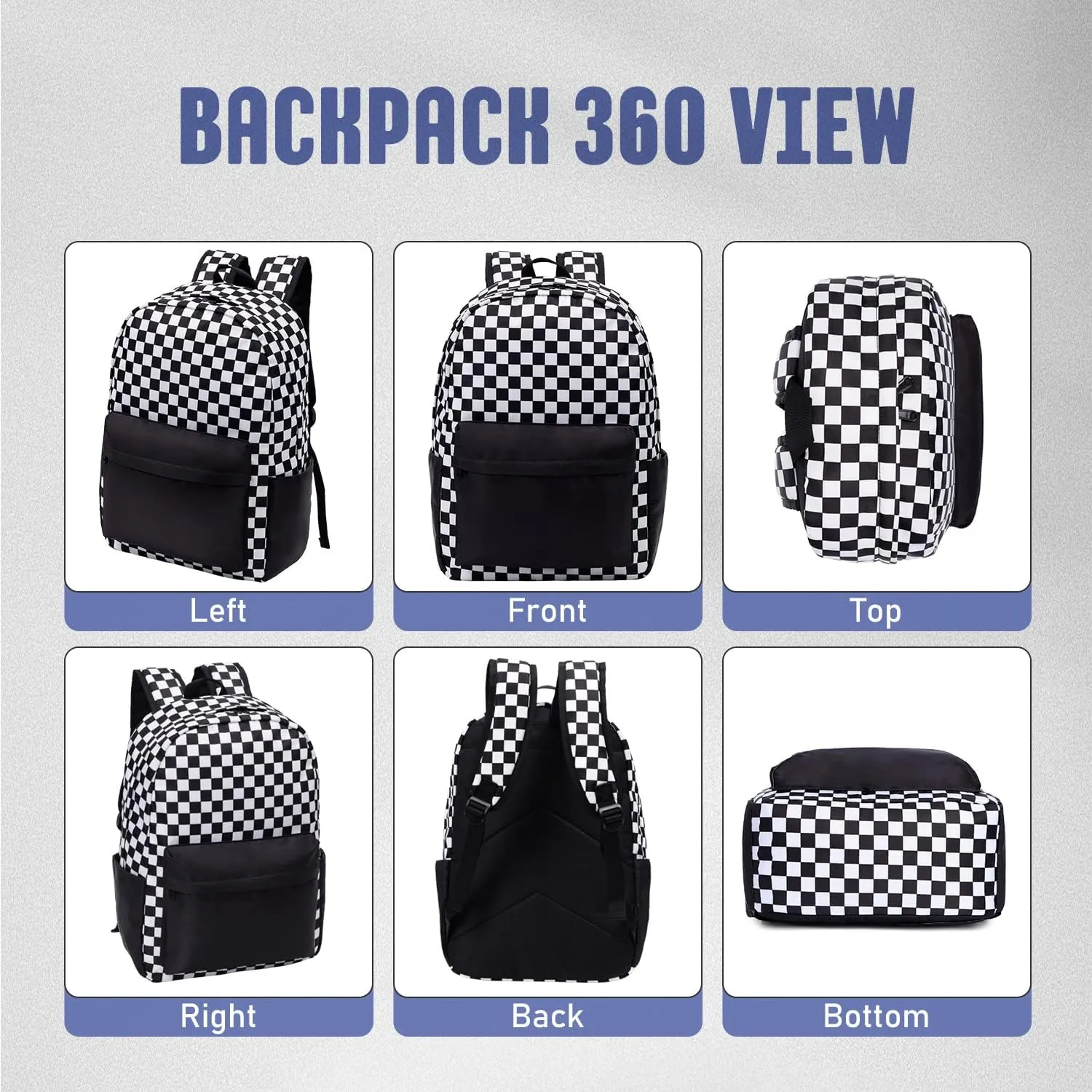Checkered Backpack - School Backpack for Kids, Large Capacity, Waterproof, Lightweight, Black