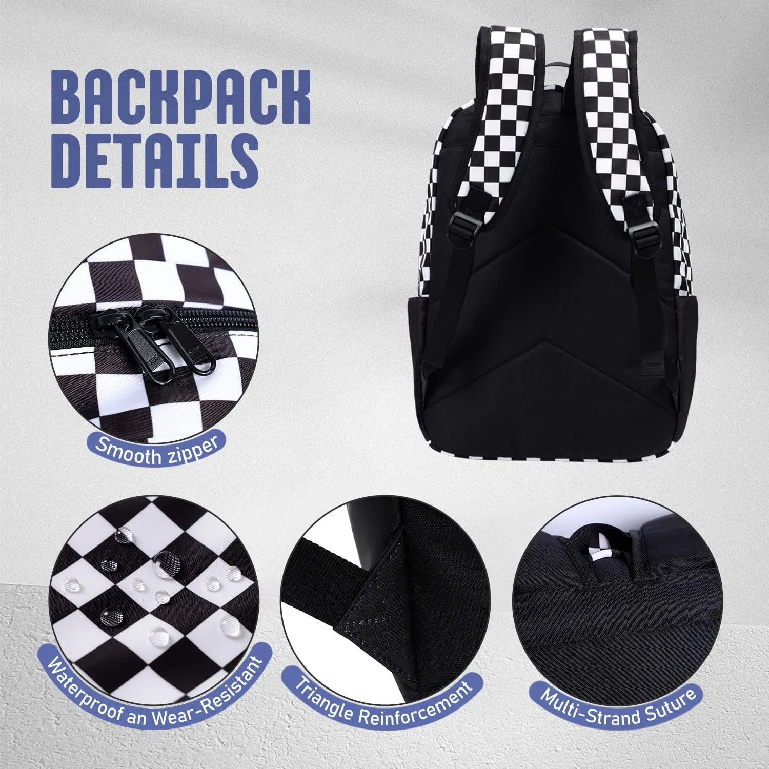Checkered Backpack - School Backpack for Kids, Large Capacity, Waterproof, Lightweight, Black
